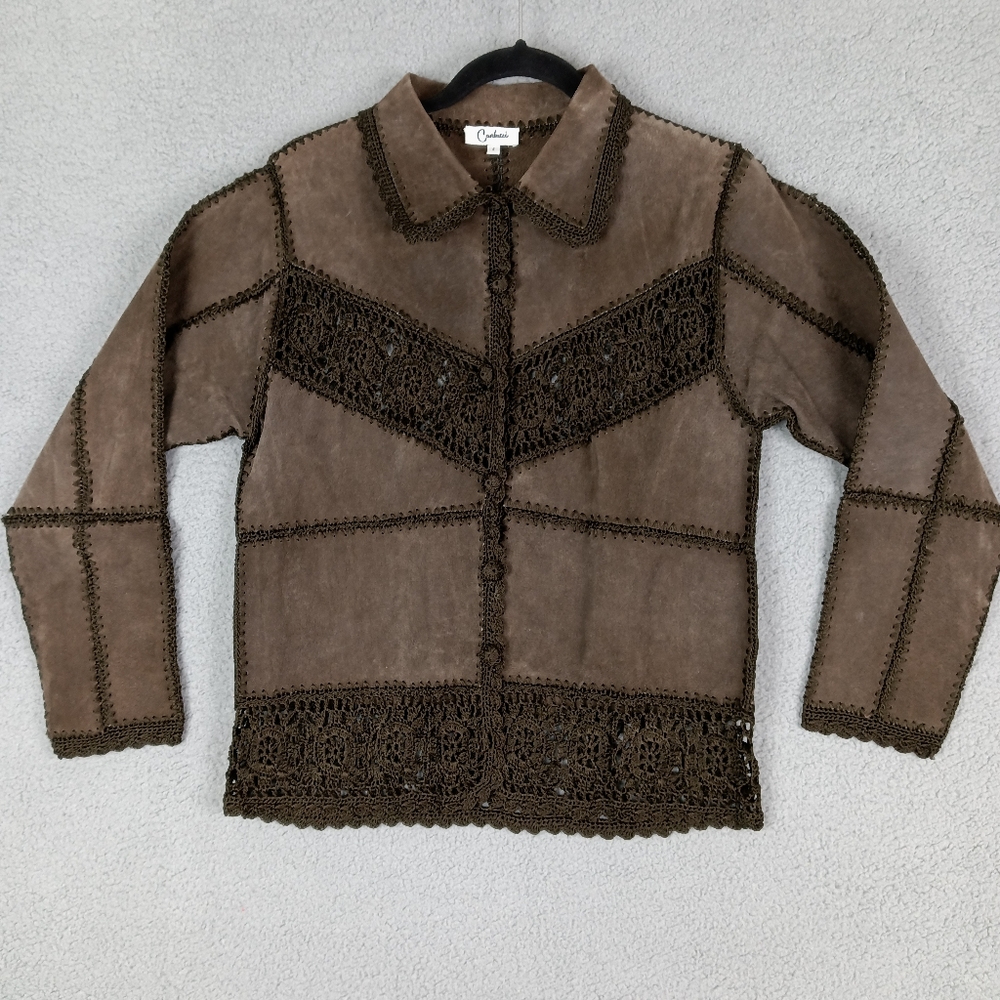 Carducci Size S Women's Brown Suede Crochet Leather Jacket Shirt Patchwork